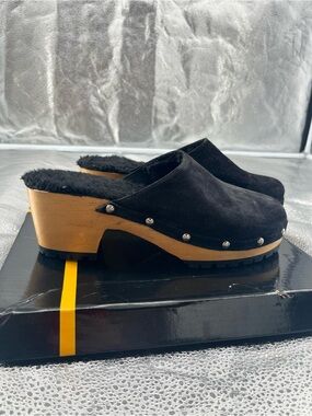 Rag & Co Women's Black Suede Studded Platform Wooden Clogs Lug Sole Mules Size 9